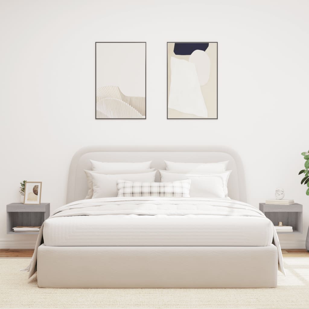 sengeborde 2 stk. med LED-lys væghængt grå sonoma-eg