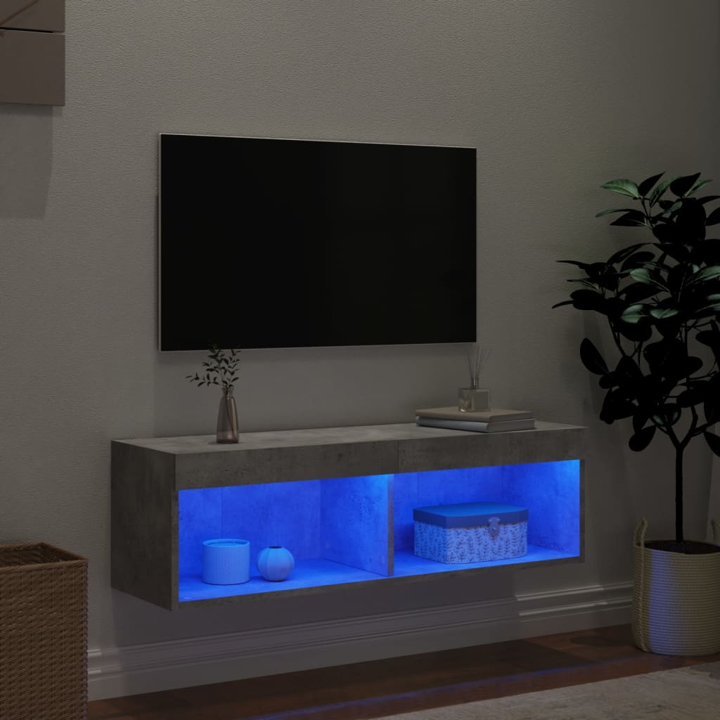 tv-bord med LED-lys 100x30x30 cm betongrå