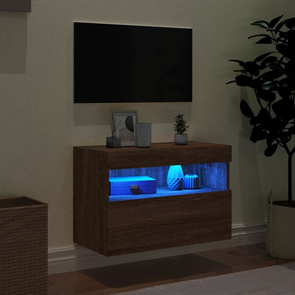 væghængt tv-bord med LED-lys 60x30x40 cm brun egetræsfarve