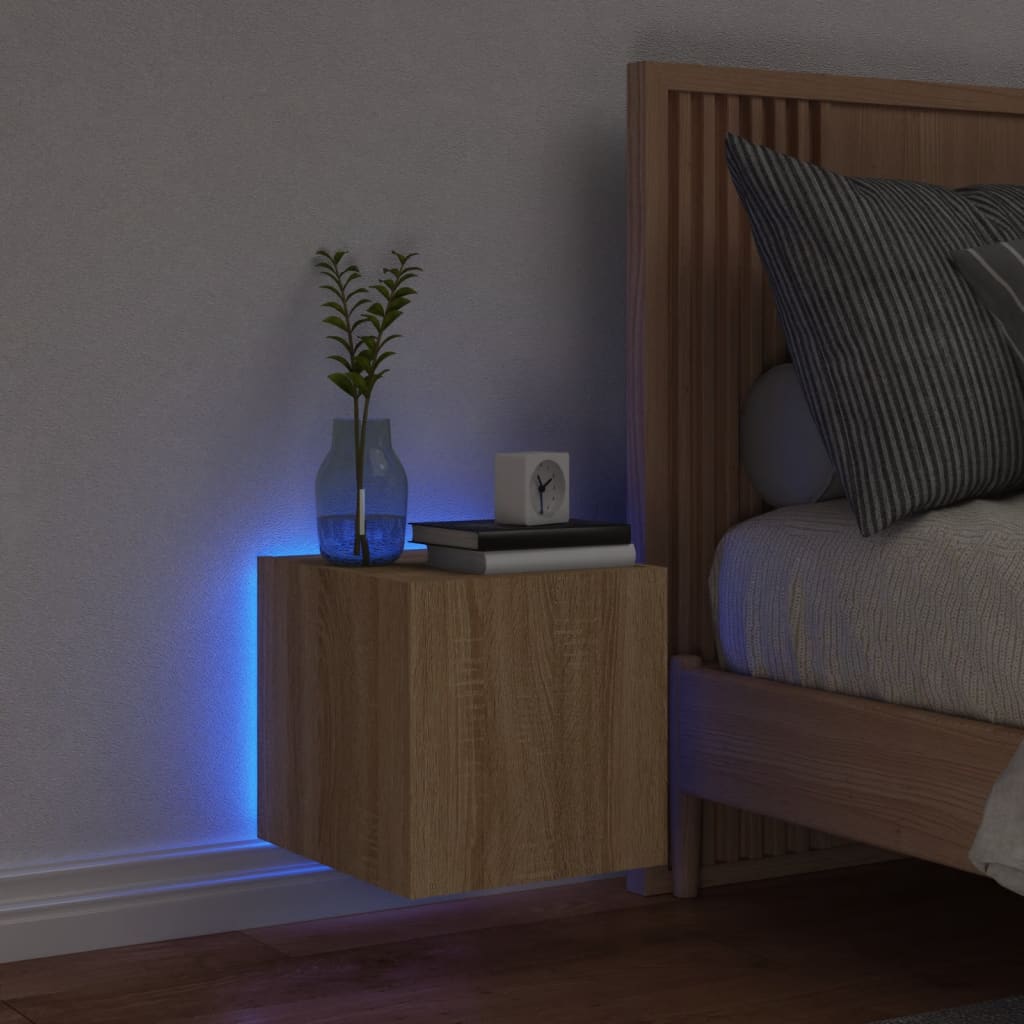 væghængt tv-bord med LED-lys 30,5x35x30 cm sonoma-eg