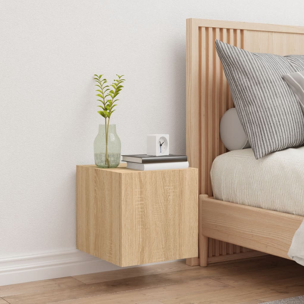 væghængt tv-bord med LED-lys 30,5x35x30 cm sonoma-eg