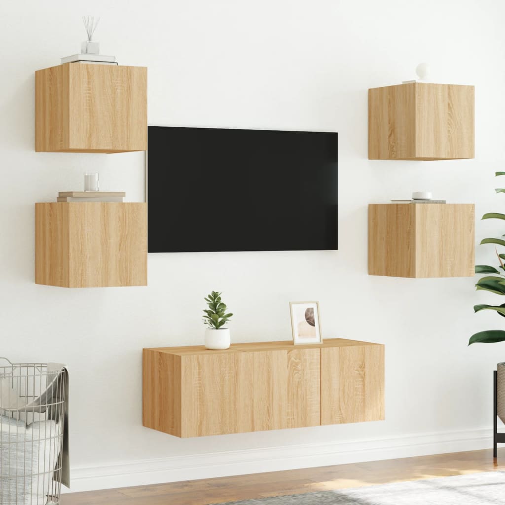 væghængt tv-bord med LED-lys 30,5x35x30 cm sonoma-eg