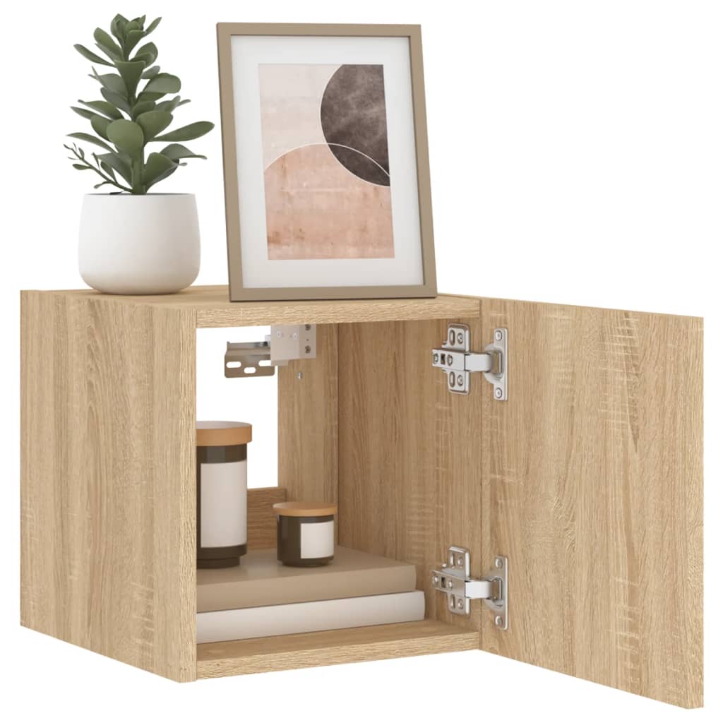 væghængt tv-bord med LED-lys 30,5x35x30 cm sonoma-eg