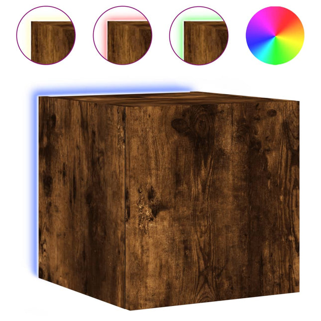 væghængt tv-bord med LED-lys 30,5x35x30 cm røget egetræsfarve