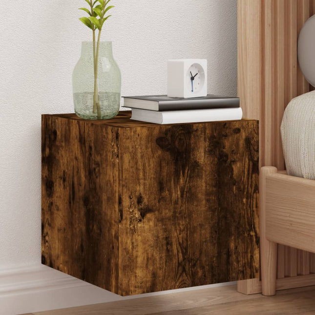 væghængt tv-bord med LED-lys 30,5x35x30 cm røget egetræsfarve