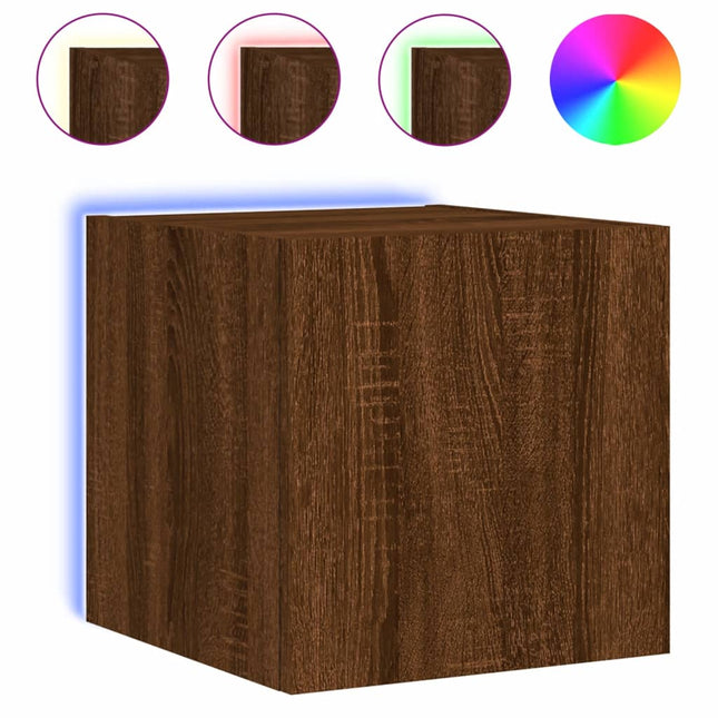 væghængt tv-bord med LED-lys 30,5x35x30 cm brun egetræsfarve