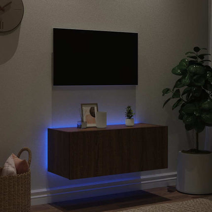 væghængt tv-bord med LED-lys 80x35x31 cm brun egetræsfarve