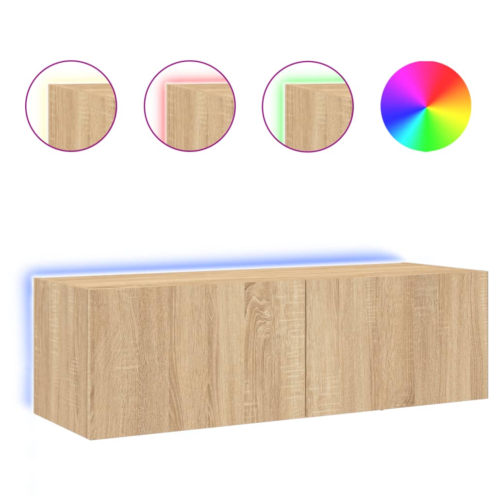 væghængt tv-bord med LED-lys 100x35x31 cmsonoma-eg