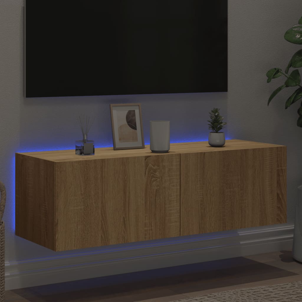 væghængt tv-bord med LED-lys 100x35x31 cmsonoma-eg