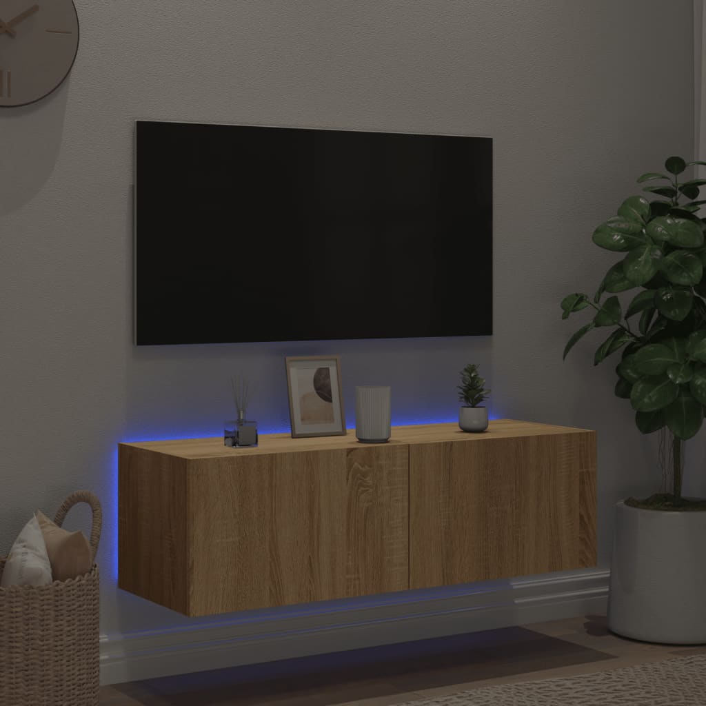 væghængt tv-bord med LED-lys 100x35x31 cmsonoma-eg
