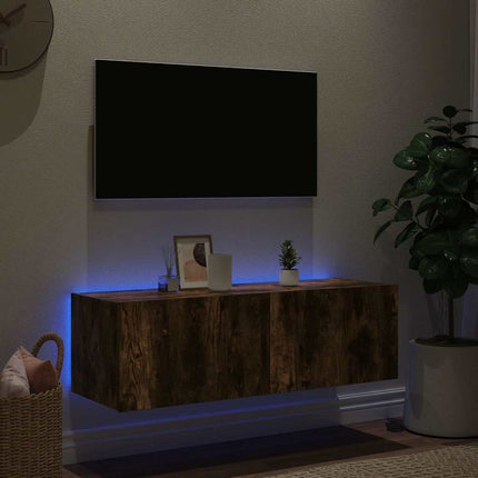 væghængt tv-bord med LED-lys 100x35x31 cm røget egetræsfarve