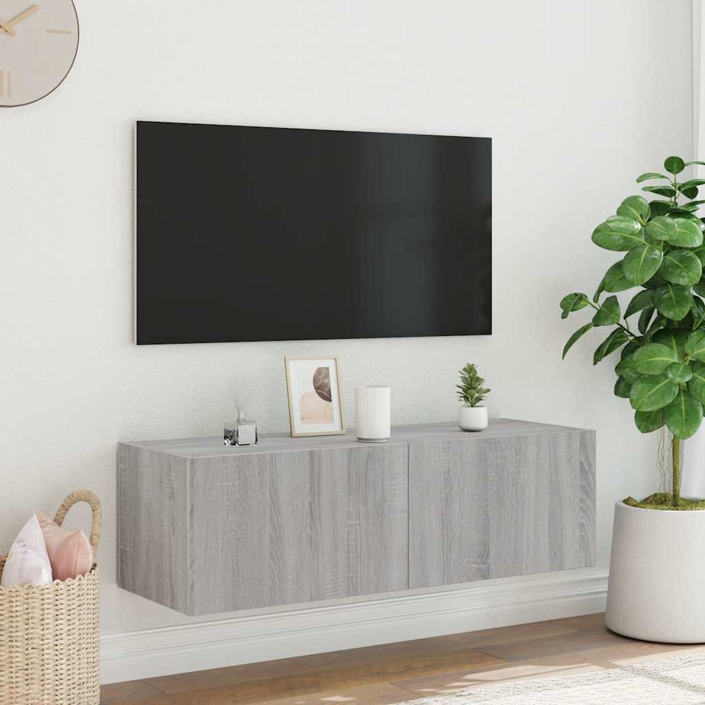 væghængt tv-bord m. LED-lys 100x35x31 cm grå sonoma-eg