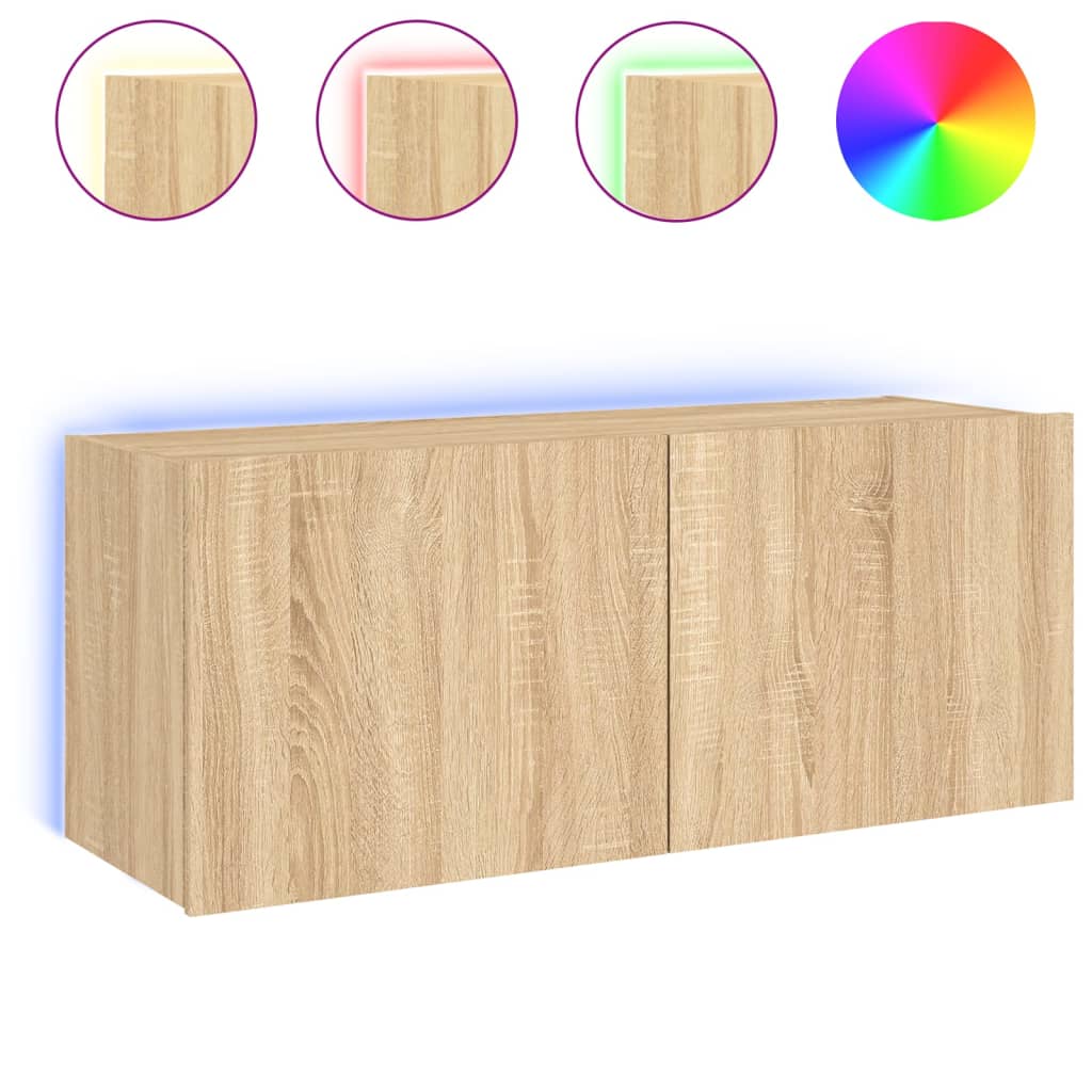 væghængt tv-bord med LED-lys 100x35x41 cm sonoma-eg