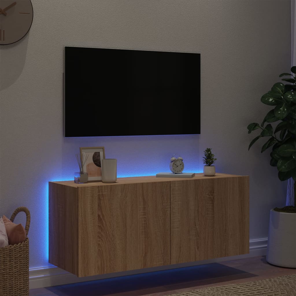 væghængt tv-bord med LED-lys 100x35x41 cm sonoma-eg