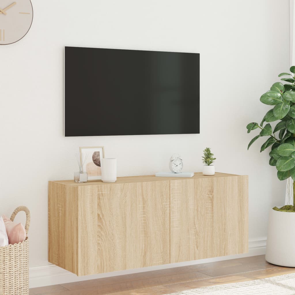 væghængt tv-bord med LED-lys 100x35x41 cm sonoma-eg