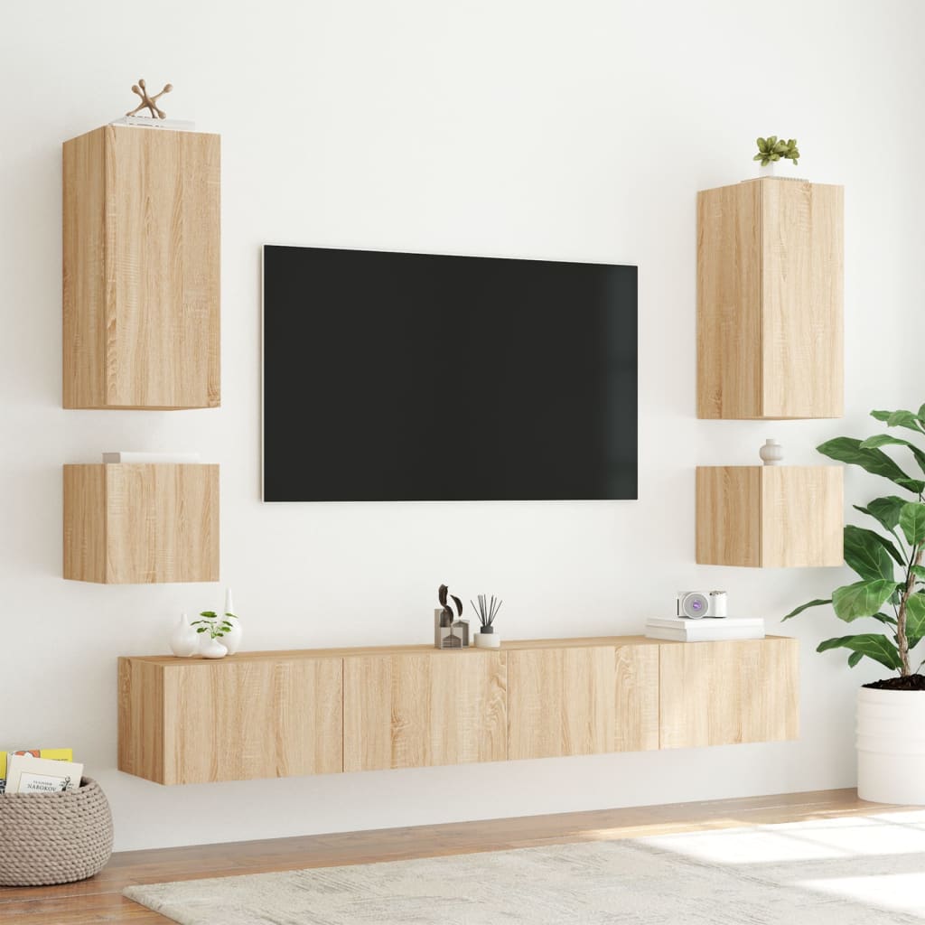 væghængt tv-bord med LED-lys 100x35x41 cm sonoma-eg