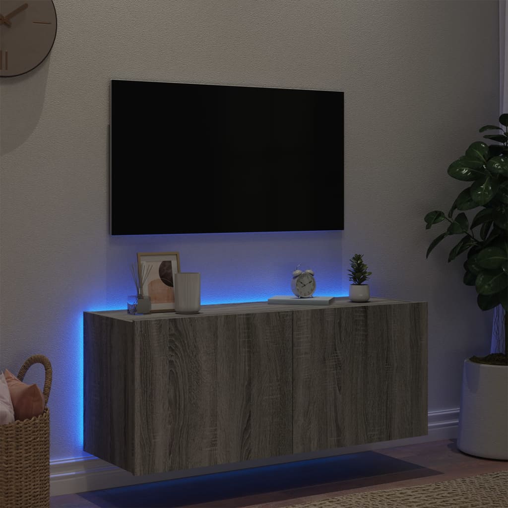 væghængt tv-bord m. LED-lys 100x35x41 cm grå sonoma-eg