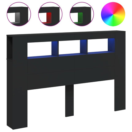 sengegavl med LED-lys 160x18,5x103,5 cm konstrueret træ sort