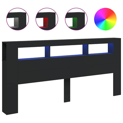 sengegavl med LED-lys 220x18,5x103,5 cm konstrueret træ sort