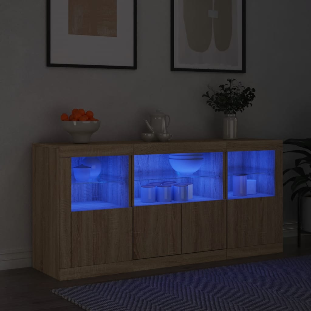 skænk med LED-lys 142,5x37x67 cm sonoma-eg