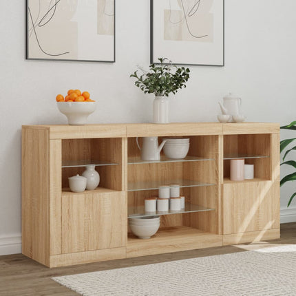 skænk med LED-lys 142,5x37x67 cm sonoma-eg