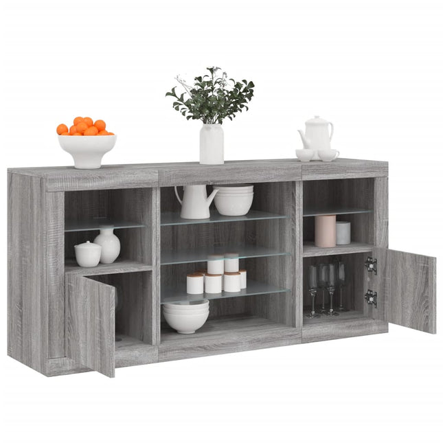 skænk med LED-lys 142,5x37x67 cm grå sonoma-eg