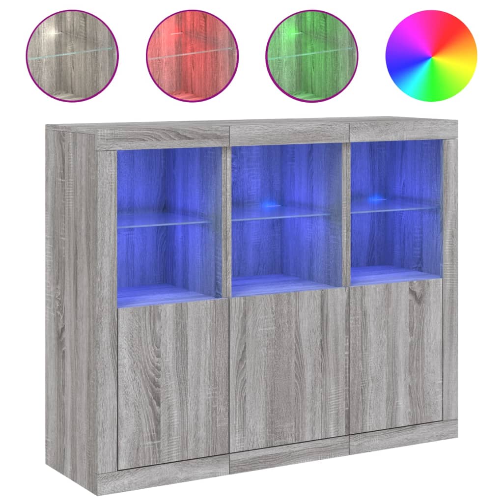 skænke med LED-lys 3 stk. konstrueret træ grå sonoma-eg