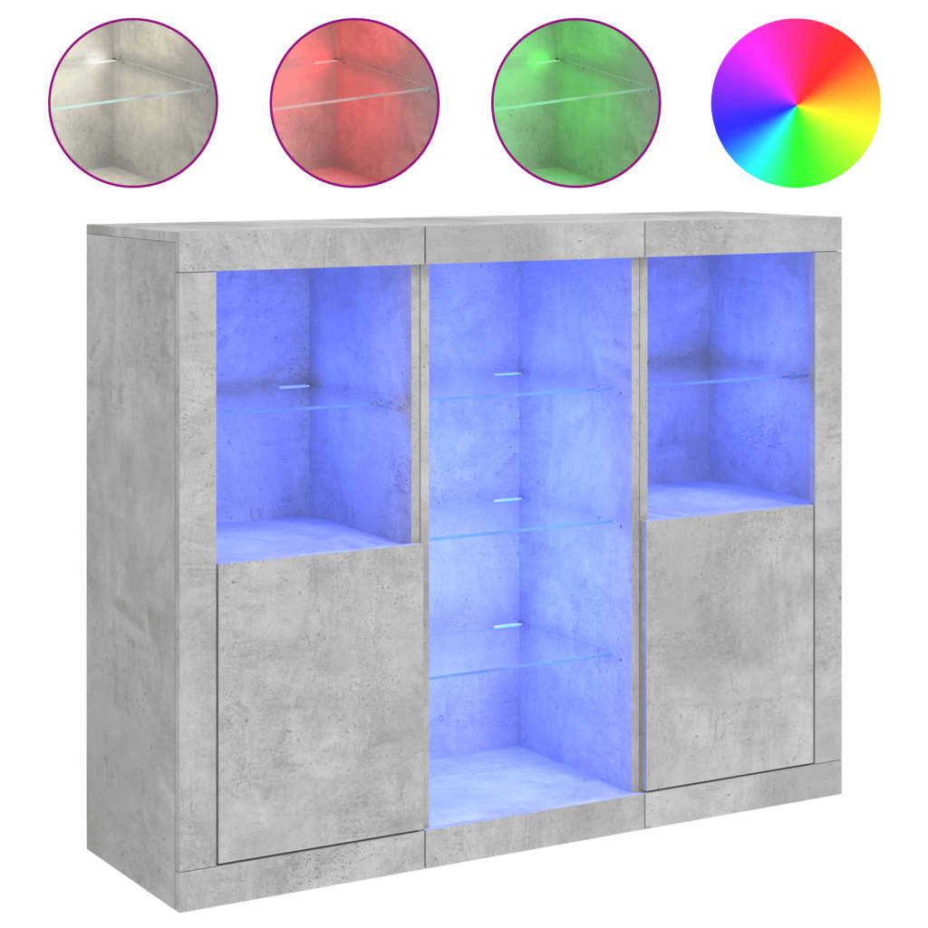 skænke med LED-lys 3 stk. konstrueret træ betongrå