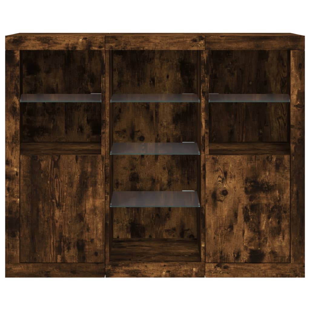 skænke med LED-lys 3 stk. konstrueret træ røget egetræ