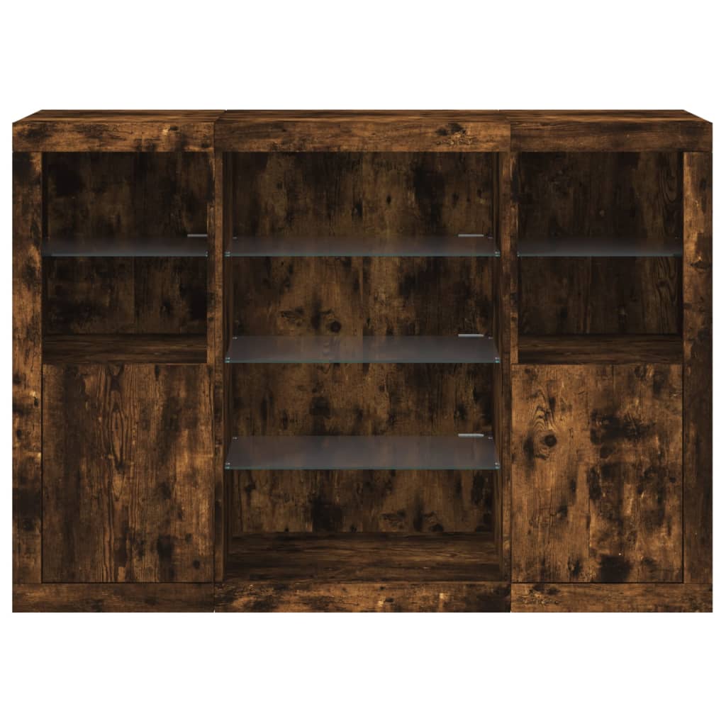 skænke med LED-lys 3 stk. konstrueret træ røget egetræ