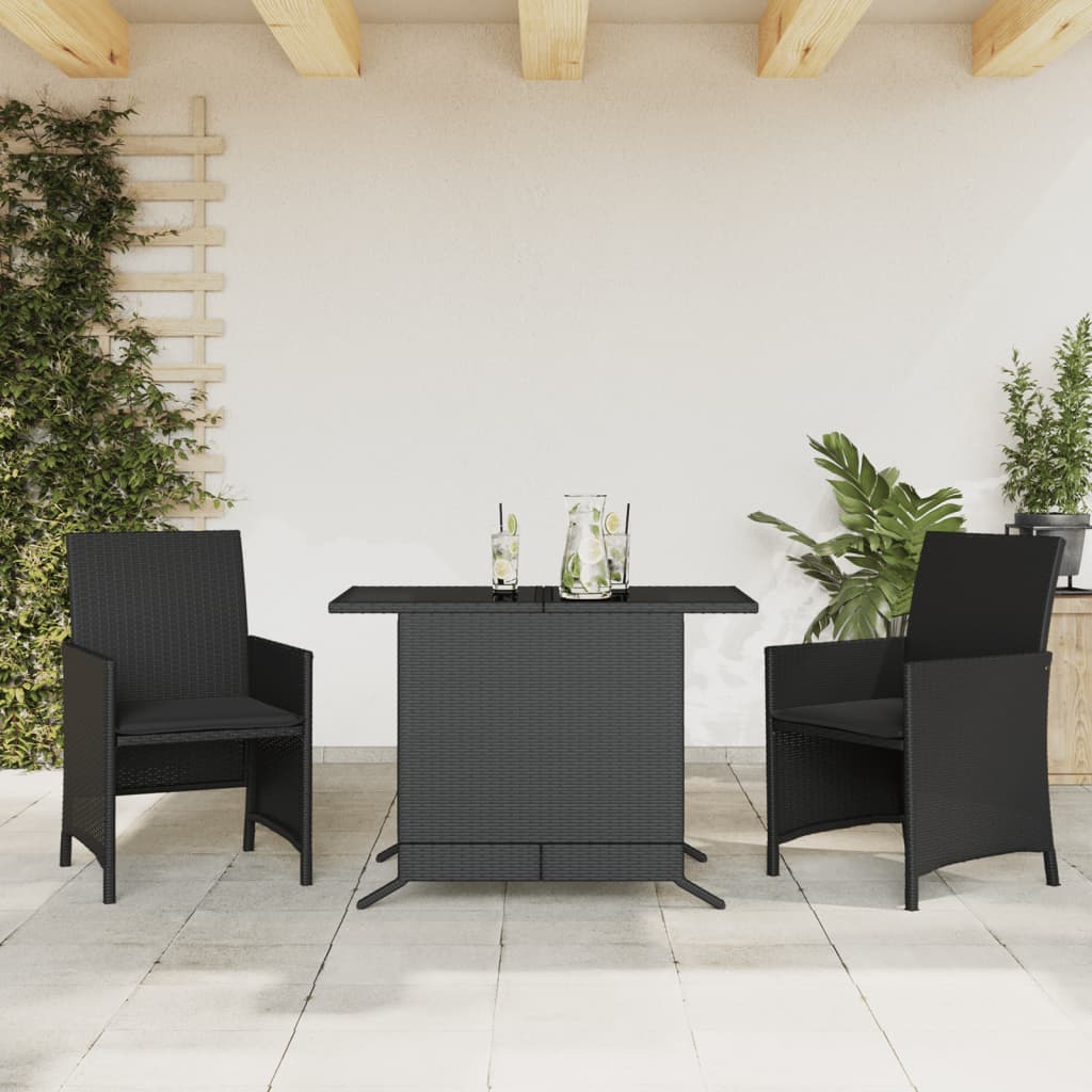 Bistrosæt Til Haven 3 Dele Med Hynder Polyrattan - Sort / Glas