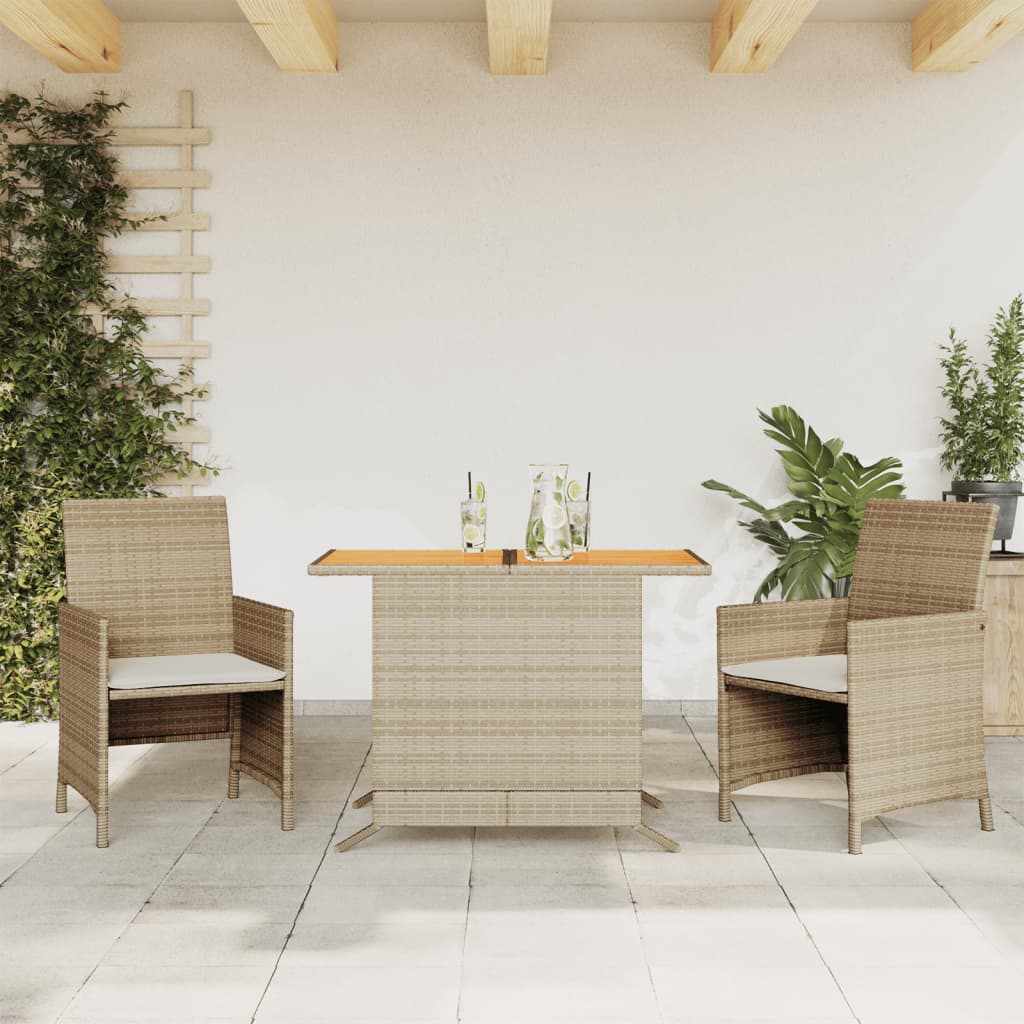 Bistrosæt Til Haven 3 Dele Med Hynder Polyrattan - Beige / træ