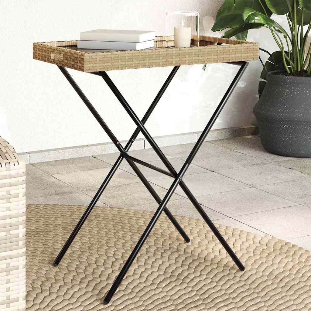 Bakkebord 65×40×75 cm i polyrattan - beige, foldbart med aftagelig bakke