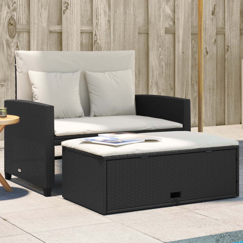 2-Personers Havesofa Med Hynder Poly - Sort og cremefarvet / Rattan