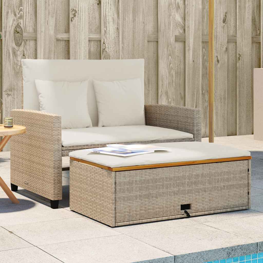 2-personers havesofa i polyrattan med hynder og opbevaringsskammel - beige