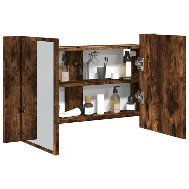 badeværelsesskab m. spejl og LED-lys 80x12x45 cm akryl røget eg