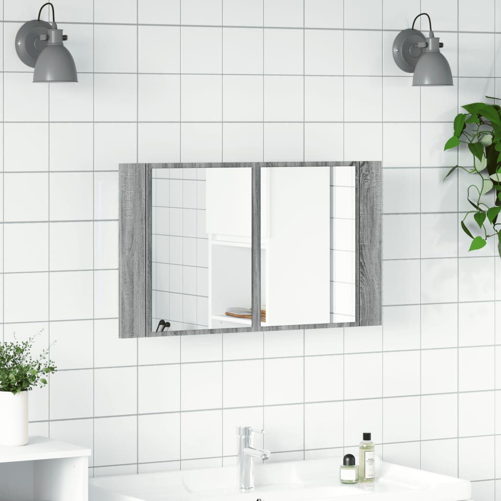 skab med spejl og LED-lys 80x12x45 cm akryl grå sonoma-eg