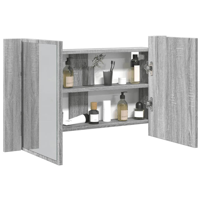 skab med spejl og LED-lys 80x12x45 cm akryl grå sonoma-eg