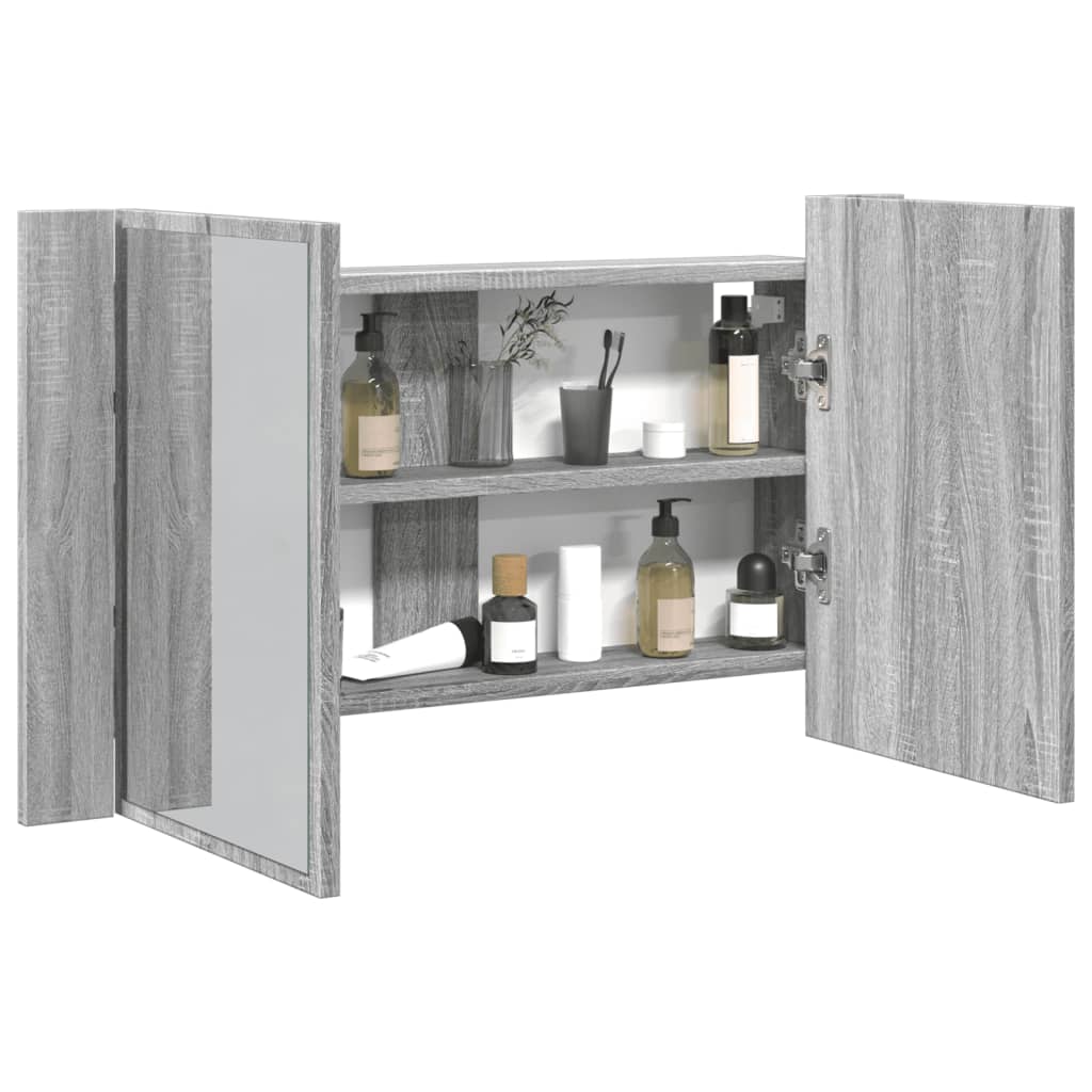 skab med spejl og LED-lys 80x12x45 cm akryl grå sonoma-eg