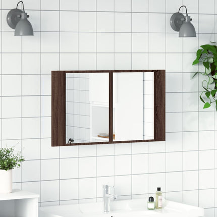 badeværelsesskab m. spejl og LED-lys 80x12x45 cm akryl brunt eg