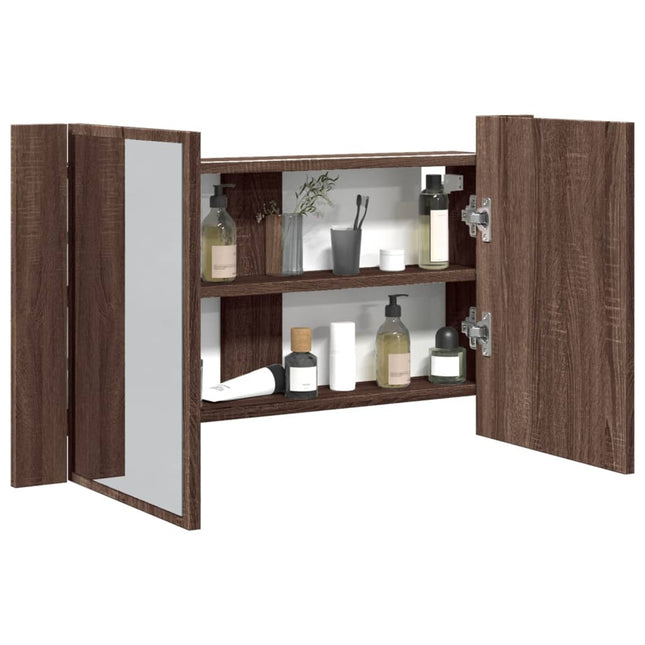 badeværelsesskab m. spejl og LED-lys 80x12x45 cm akryl brunt eg
