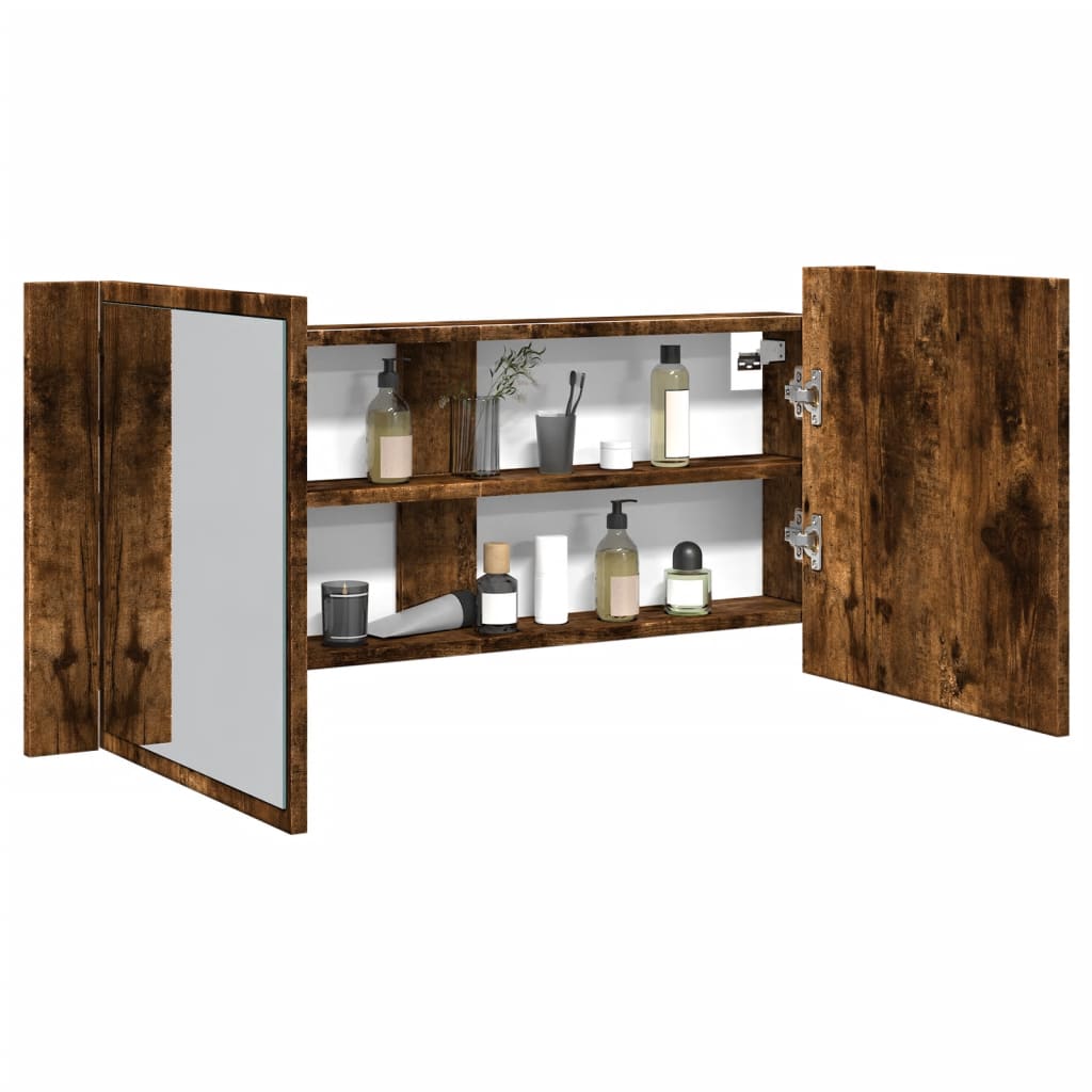 badeværelsesskab m. spejl og LED-lys 100x12x45 cm røget eg billede