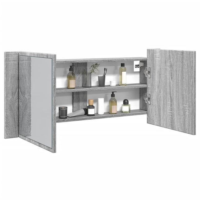 badeværelsesskab m. spejl og LED-lys 100x12x45 cm grå sonoma-eg
