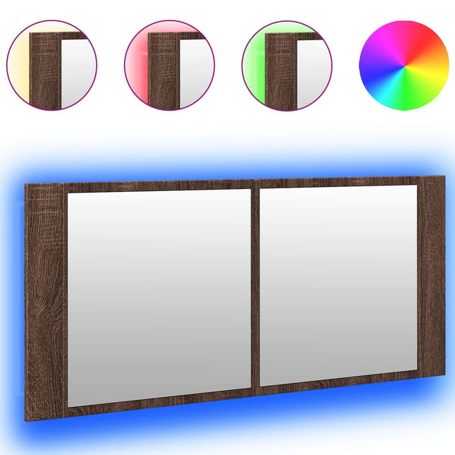 badeværelsesskab m. spejl og LED-lys 100x12x45 cm brun eg