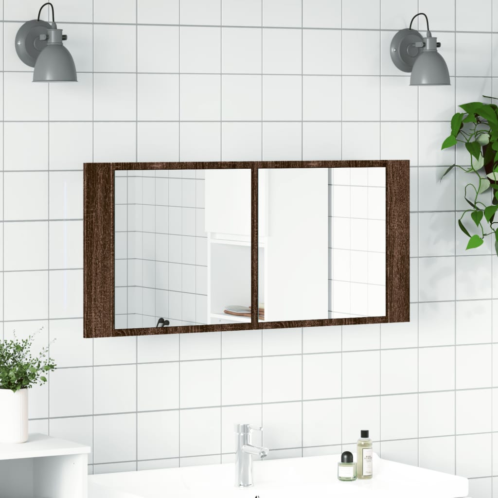 badeværelsesskab m. spejl og LED-lys 100x12x45 cm brun eg
