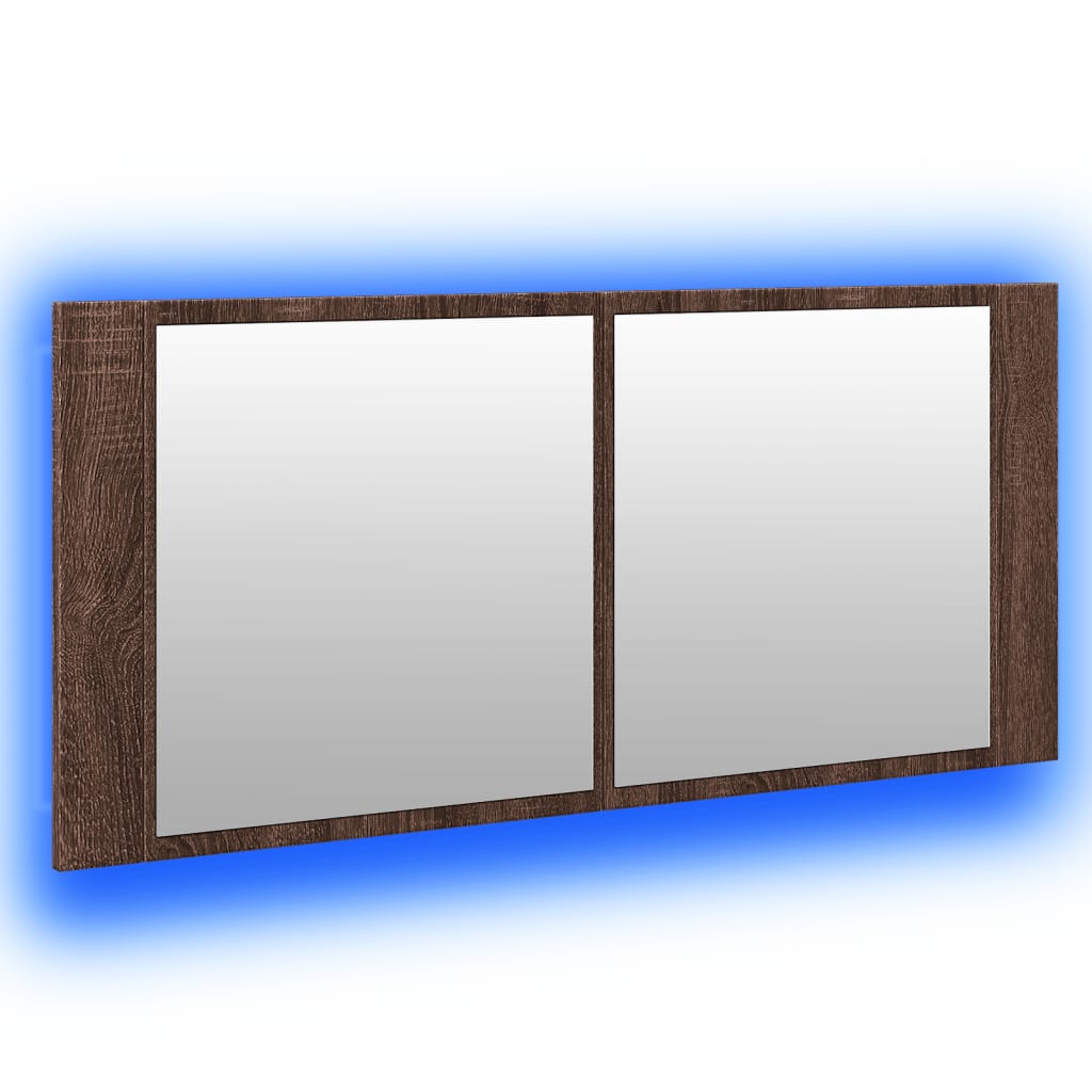 badeværelsesskab m. spejl og LED-lys 100x12x45 cm brun eg