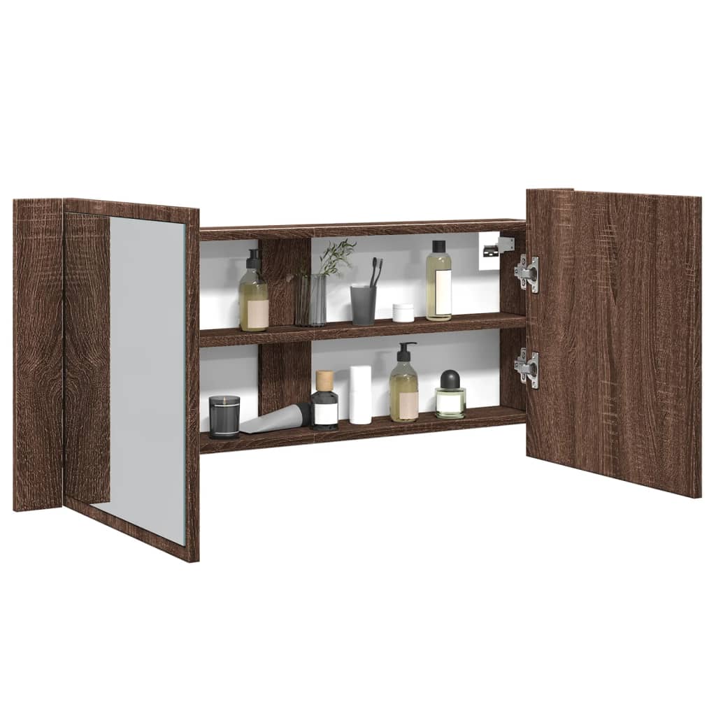 badeværelsesskab m. spejl og LED-lys 100x12x45 cm brun eg