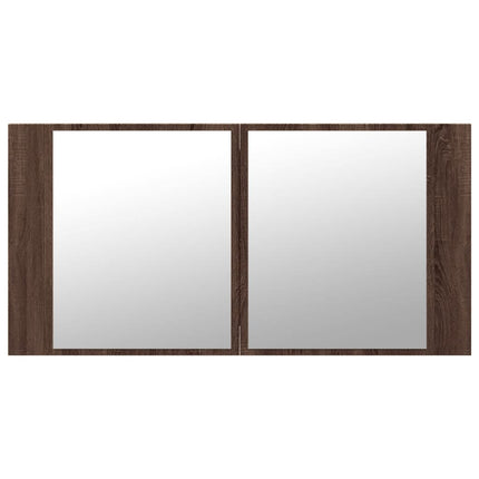 badeværelsesskab m. spejl og LED-lys 90x12x45cm akryl brunt eg