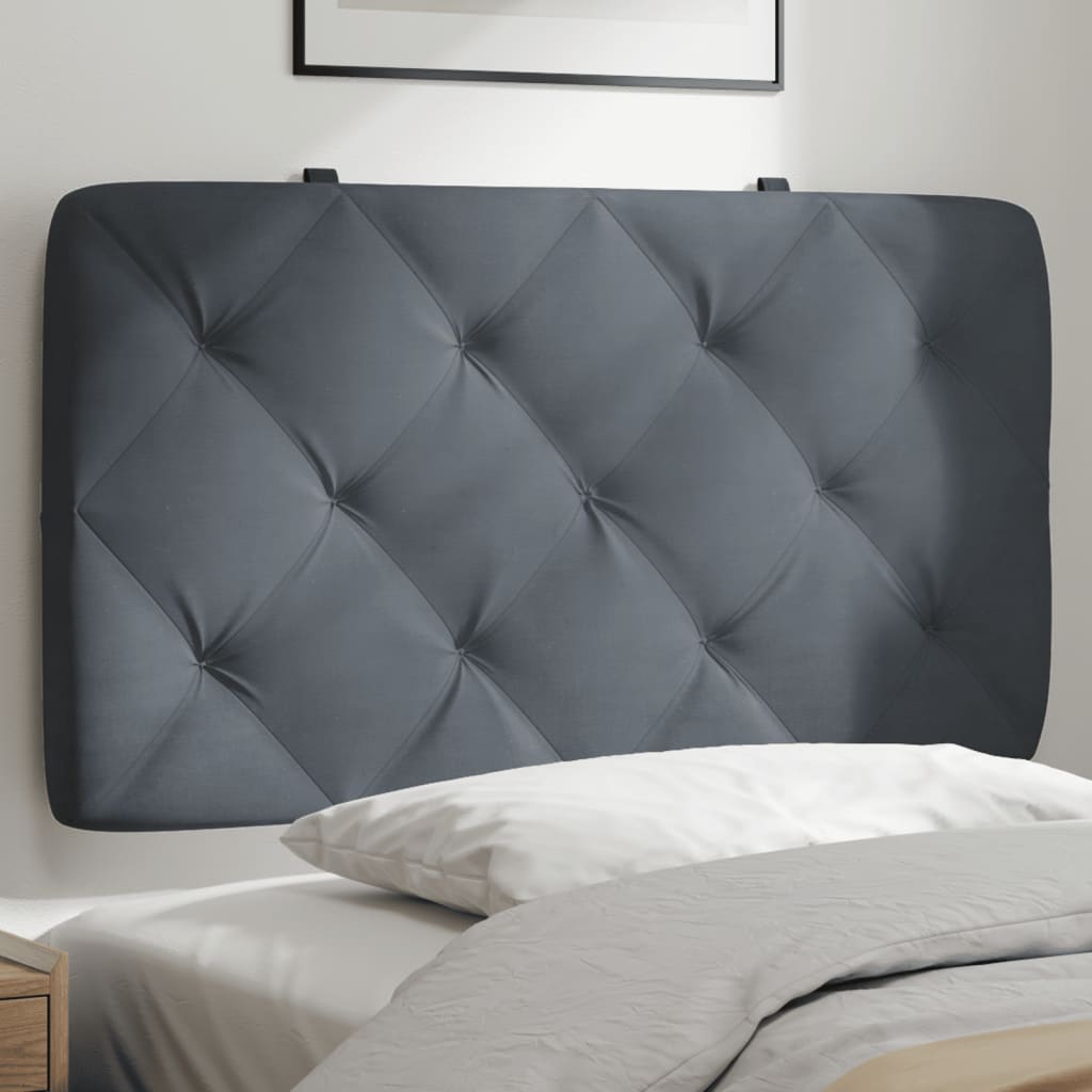 Mørkegrå gavlpude i blød velour 80 cm placeret i en seng