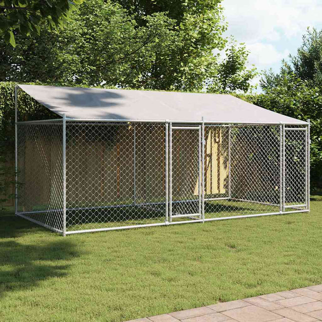 hundegård med tag og låger 4x2x2 m galvaniseret stål grå